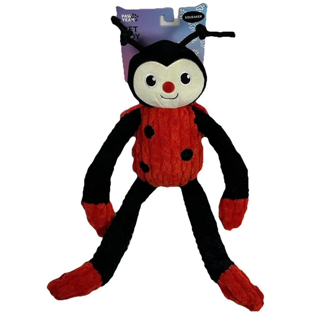 Ladybug Dog Toy Plush Squeaky Pet Toy Red Black Long Legs Cute Bug